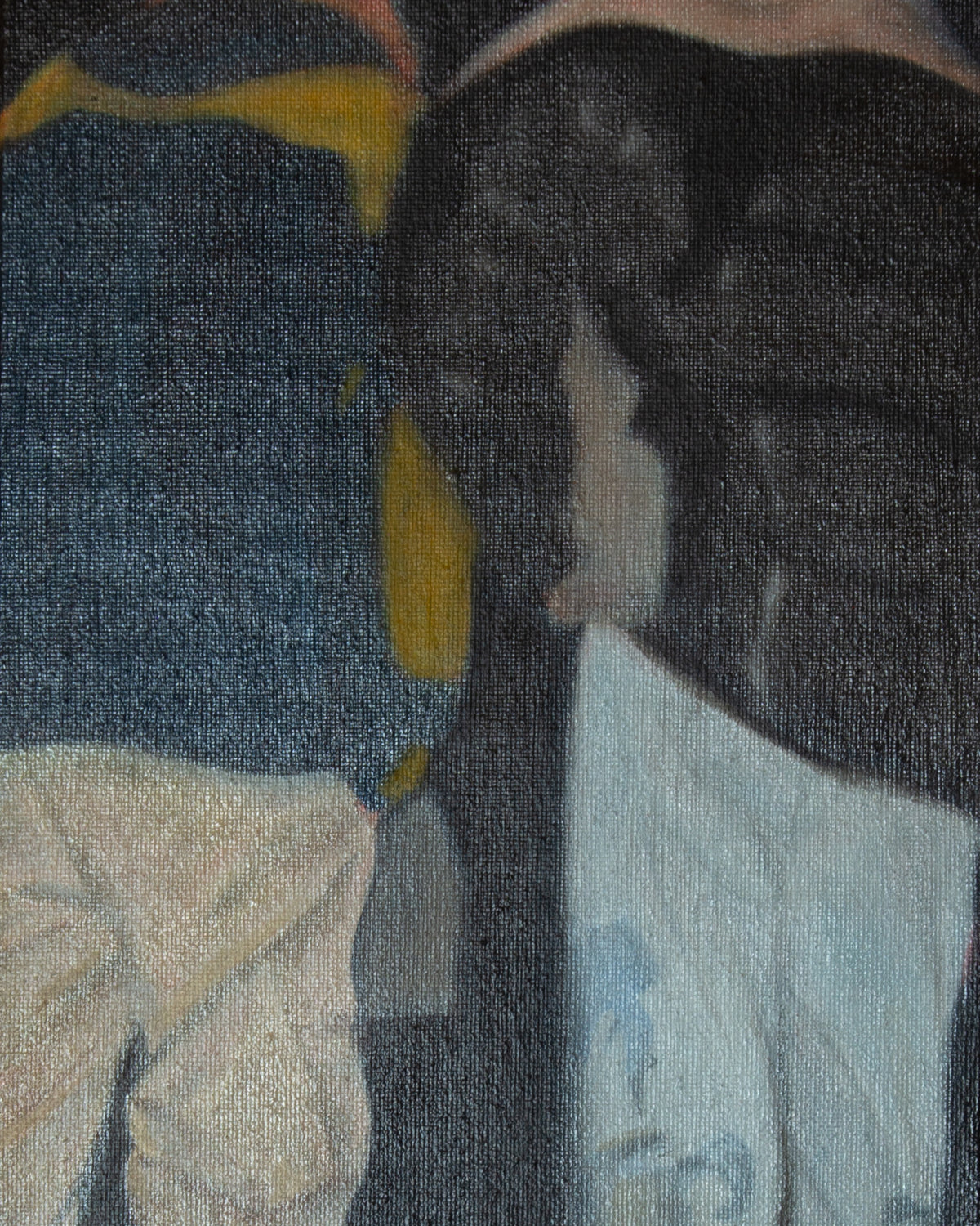 Textured oil painting of two figures seen from behind, one wearing a blue and yellow top and the other a dark jacket over a white shirt.
Strictly No Readmittance by Theo Gorst, oil on canvas, 2026. Leisure.