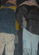 Textured oil painting of two figures seen from behind, one wearing a blue and yellow top and the other a dark jacket over a white shirt.

 Strictly No Readmittance by Theo Gorst, oil on canvas, 2026. Leisure.